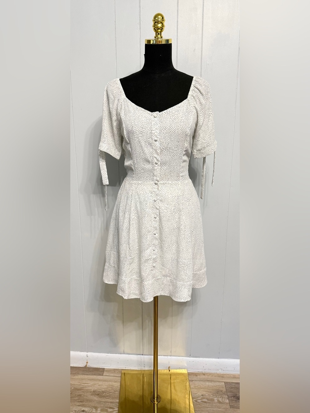Sienna Sky Cream Black Polka Dot Smocked Mini Dress Puff Sleeve Tie Cuff Medium
